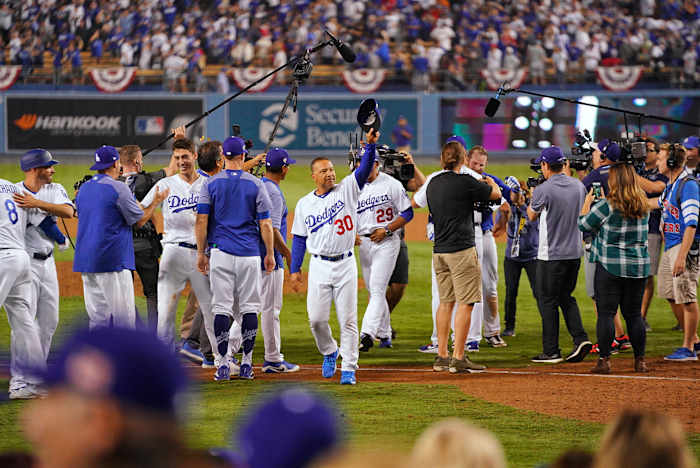 The Los Angeles Dodgers celebrating winning Game 3 of the 2018 World Series